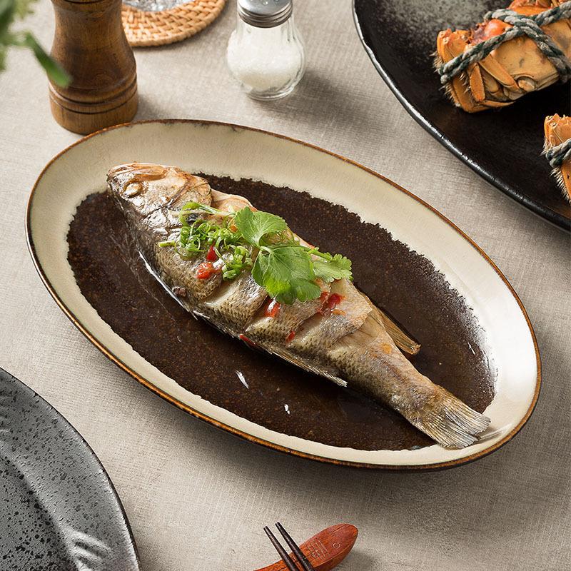Japanese Retro Fish Plate High-Value Tableware Plate Household Steamed Fish Plate Restaurant Hotel Specialty Plate Sushi Plate