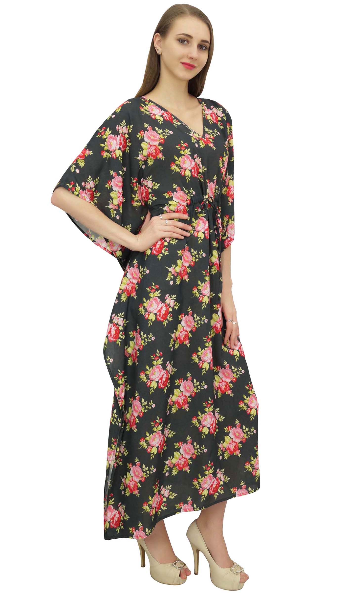 

Bimba Жіночий чорний бавовняний кафтан із квітковим візерунком і кімоно 8 сірий колір