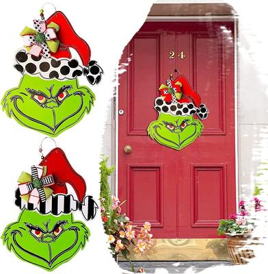 Panneau de bienvenue drôle Grinch_Welcome, couronnes de panneaux de porte d'entrée, décoration de plaque suspendue en bois, décor de porche, pendentif de guirlande murale
