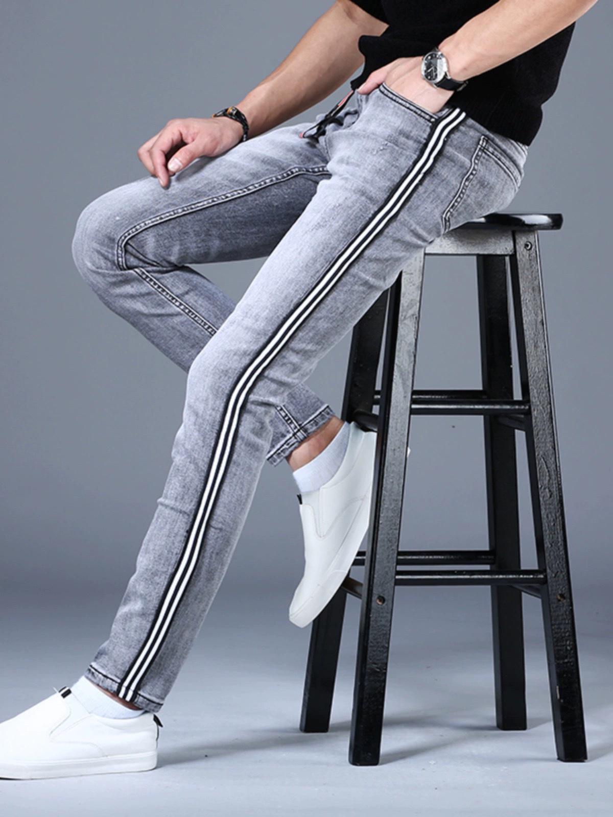 

2024 Мужские облегающие эластичные джинсы - модные повседневные брюки на весну и осень 30 (23-inch waist)