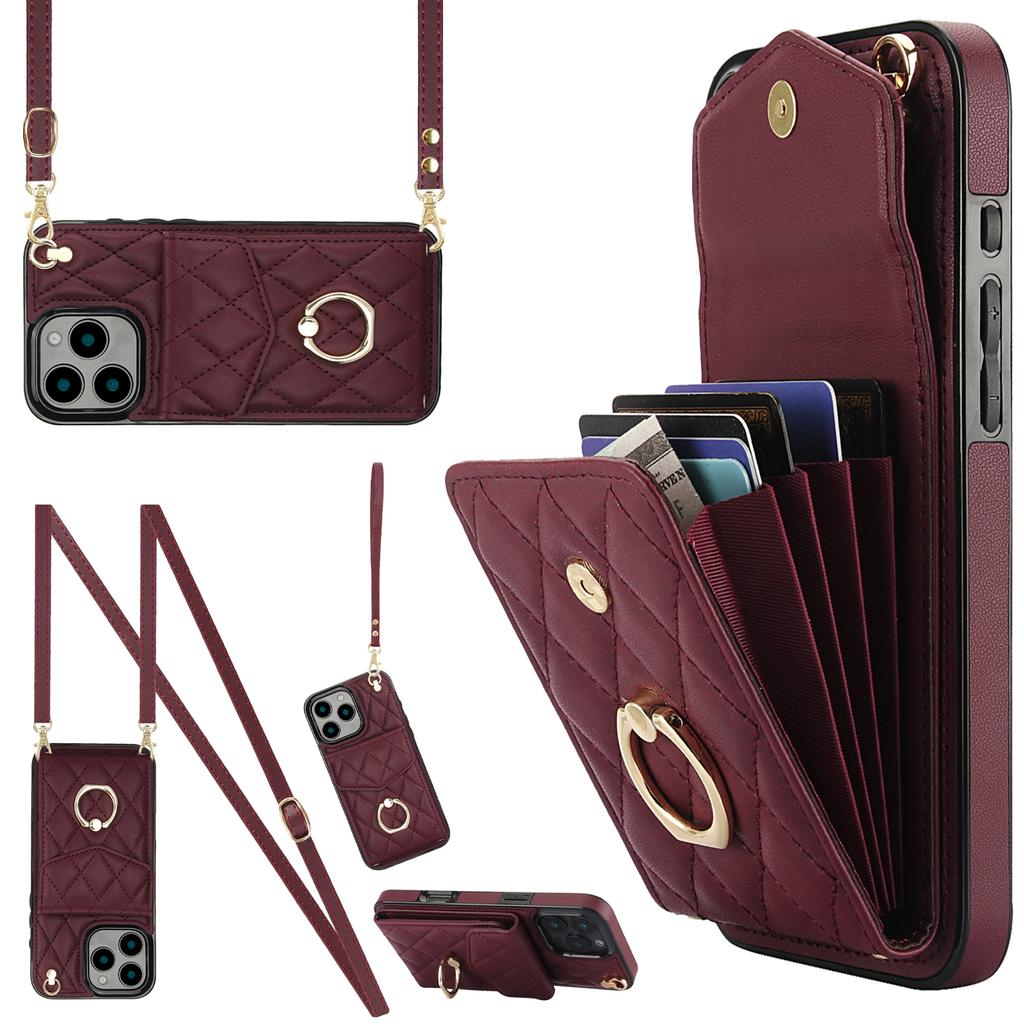 For iPhone 16 Pro Case Card Bag Leather+TPU Crossbody Phone Cover with Ring Kickstand