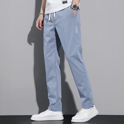 Spring Summer Cotton Men's Casual Pants Classic Drawstring Elastic Waist Thin Stretch Blue Jogging Work Cargo Trousers Male