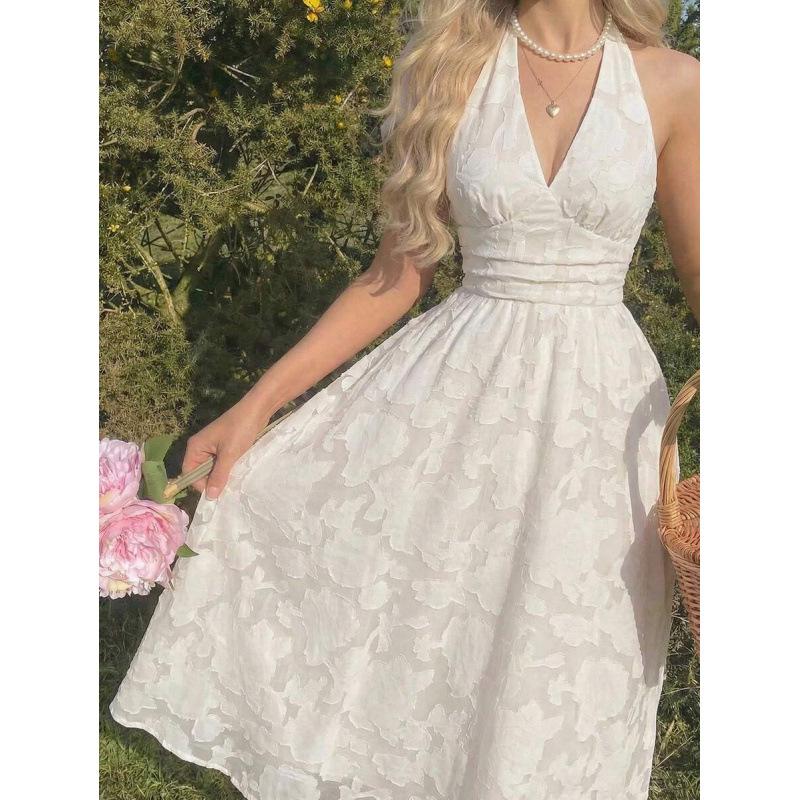 European summer new fashion temperament elegant jacquard V-neck neck backless long dress XXS абрикосовый
