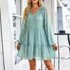 Women's Fashion Long Sleeve V-Neck Pleated Polka Dot Casual Loose High Waist Dress