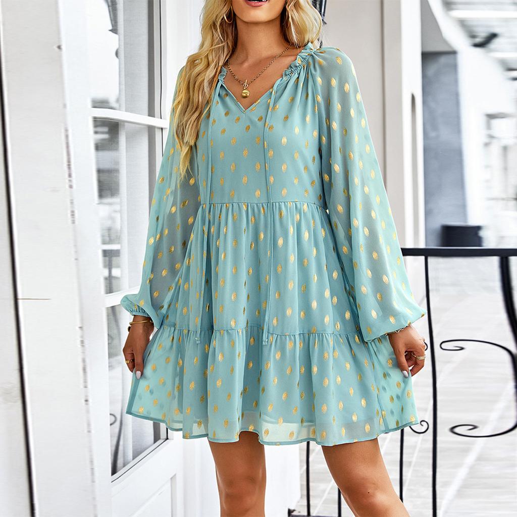 Women's Fashion Long Sleeve V-Neck Pleated Polka Dot Casual Loose High Waist Dress