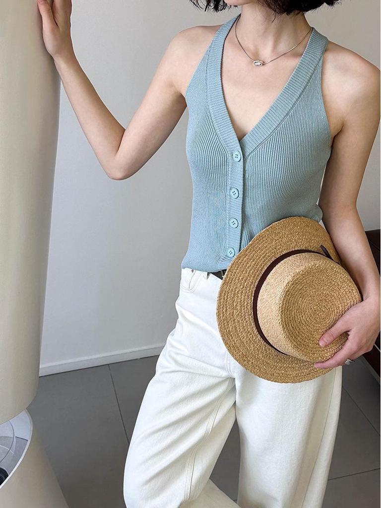 Juzhi Spring Korean V-Neck Sleeveless Cardigan