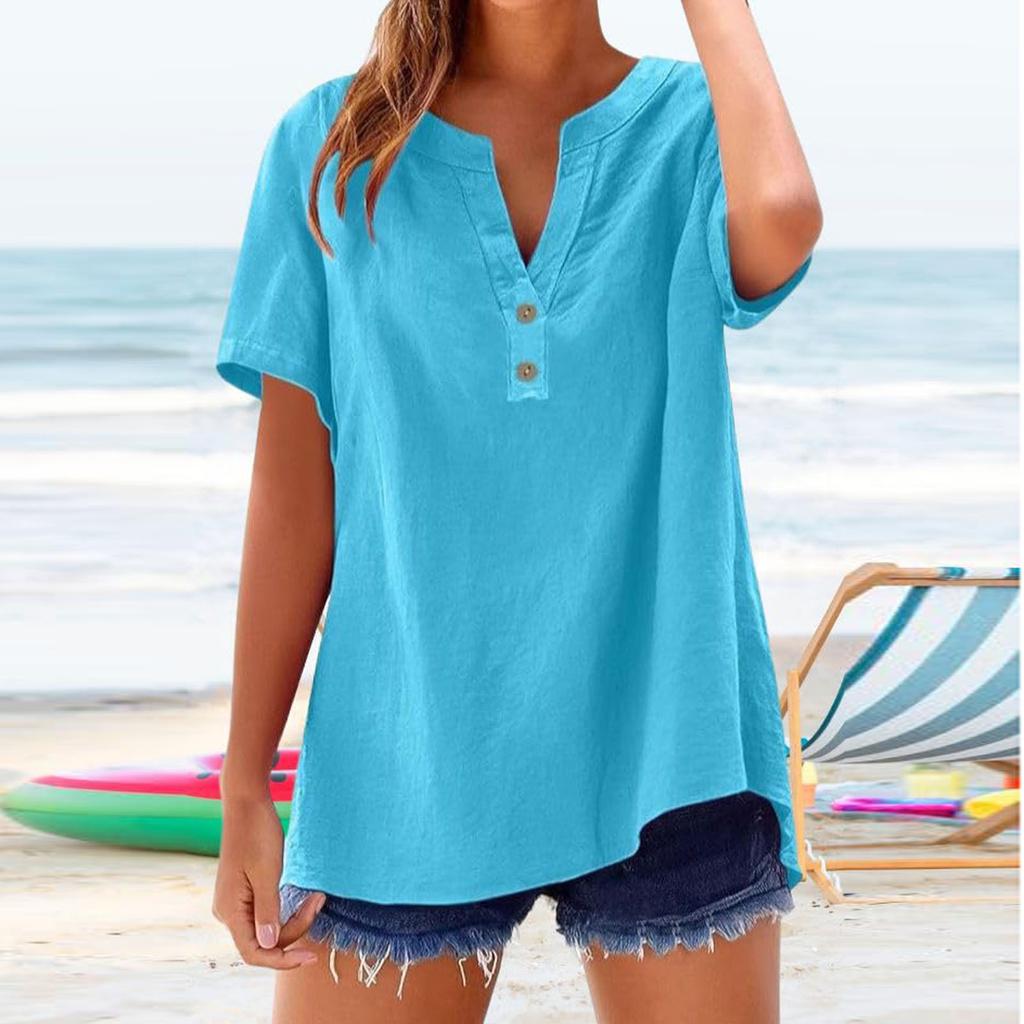 Summer Loose Shirts For Women Short Sleeve V Neck Button Plain Shirt Casual Beach Vacation Clothes For Women