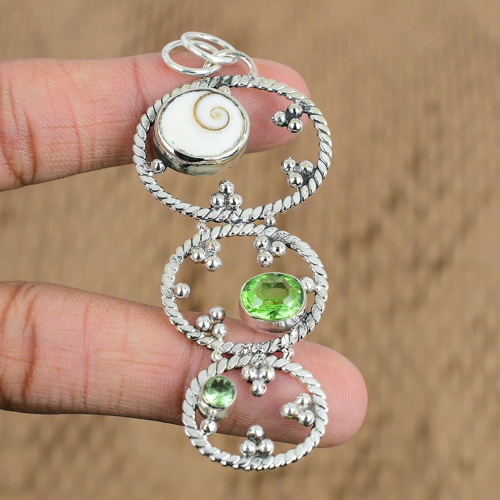 Womens Day Deal Oval Shiva Eye Shell Gemstone Peridot 925 Silver Pendant Jewelry