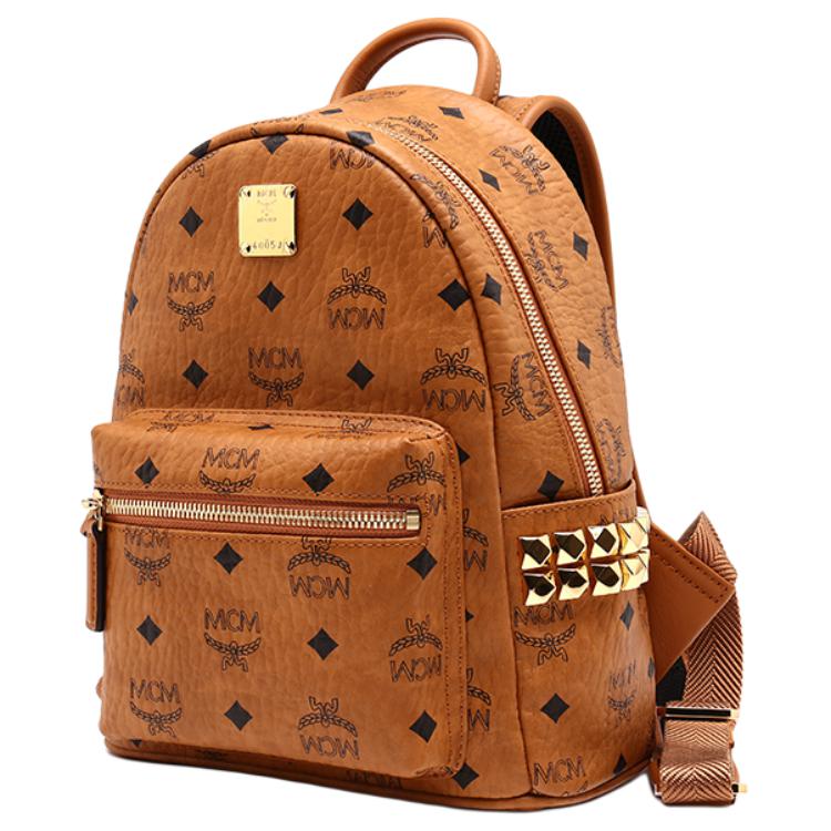 Mcm Stark Classic Vintage Floral Print Double-Sided Rivet Canvas And Leather Backpack Unisex And Couple Style Brown Cognac Color