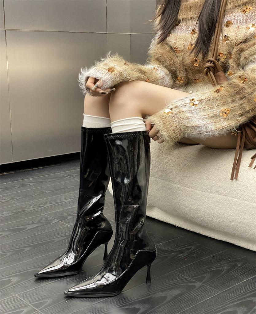 Patent leather solid color minimalist style knight boots women's 2025 autumn and winter new fashion design thin high heel fashion boots