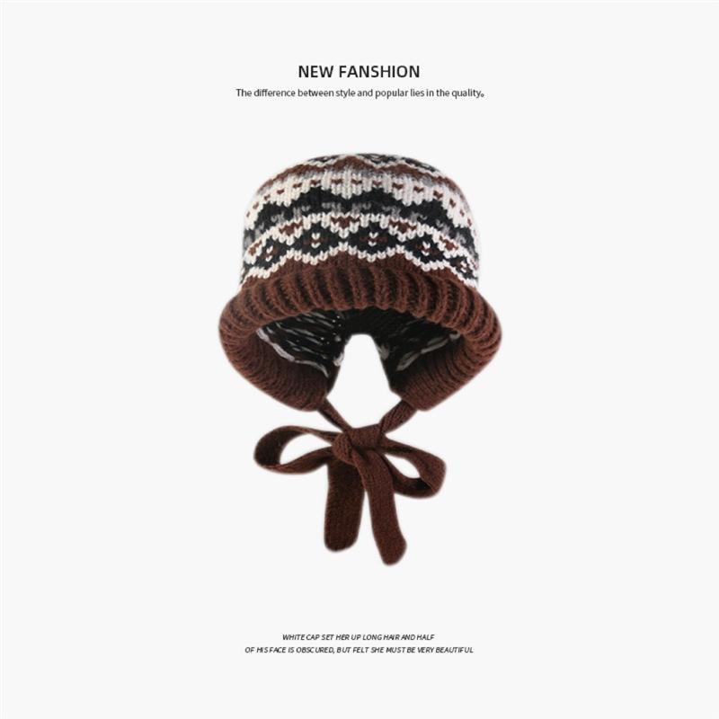 Autumn and winter warm wool hat, hand-woven hollow bald hat, women's fringed ear protector, sleeves, knitted hat