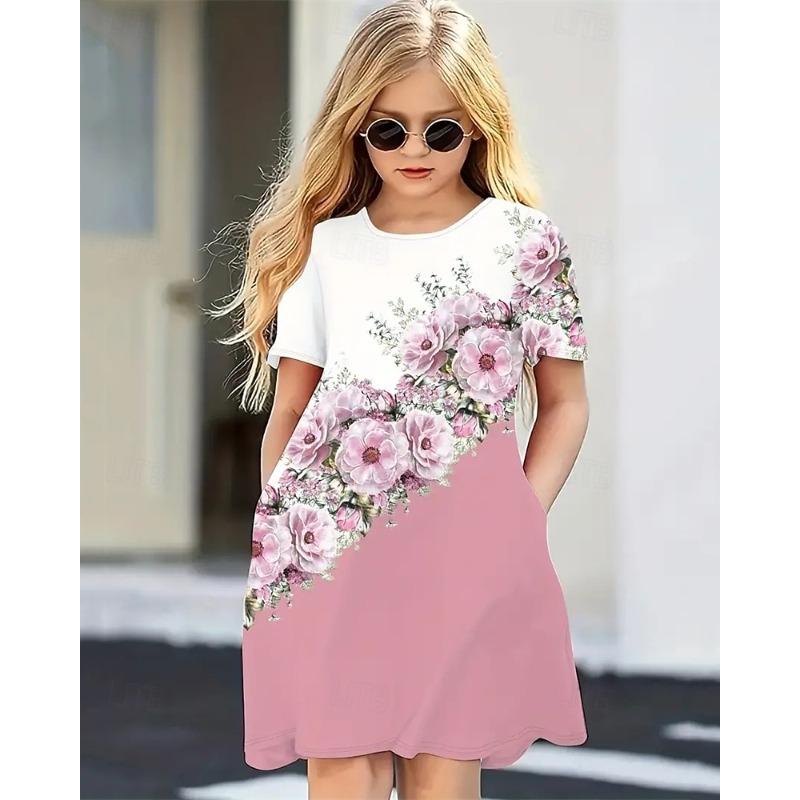 Easter Girls' 3D Graphic Flower Dress Short Sleeve Summer Spring Vacation Daily Holiday