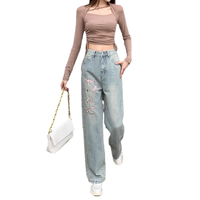 2024 European Style Floral Embroidered High Waist Wide Leg Jeans