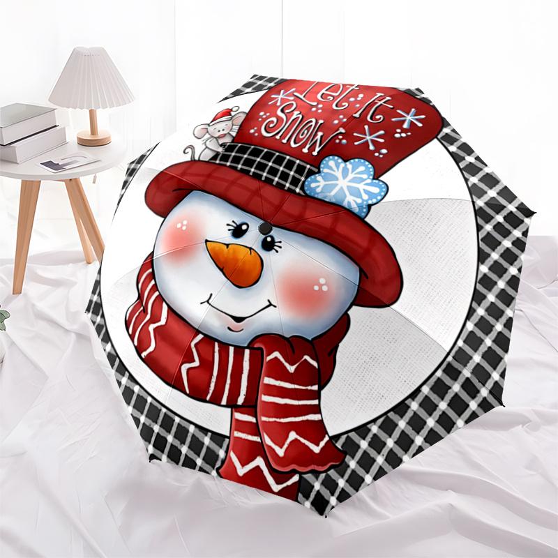 Let It Snow Winter Snowman Design Auto Open Close Umbrella - Foldable 3-Tier Design with 8-Bone Iron Frame, Perfect for Festive Gifts, Trave