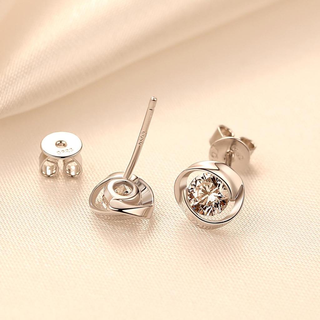 PAG&MAG Korean Style 925 Silver Stud Earrings with Round Zircon and Rotating Pinwheel Design for Women