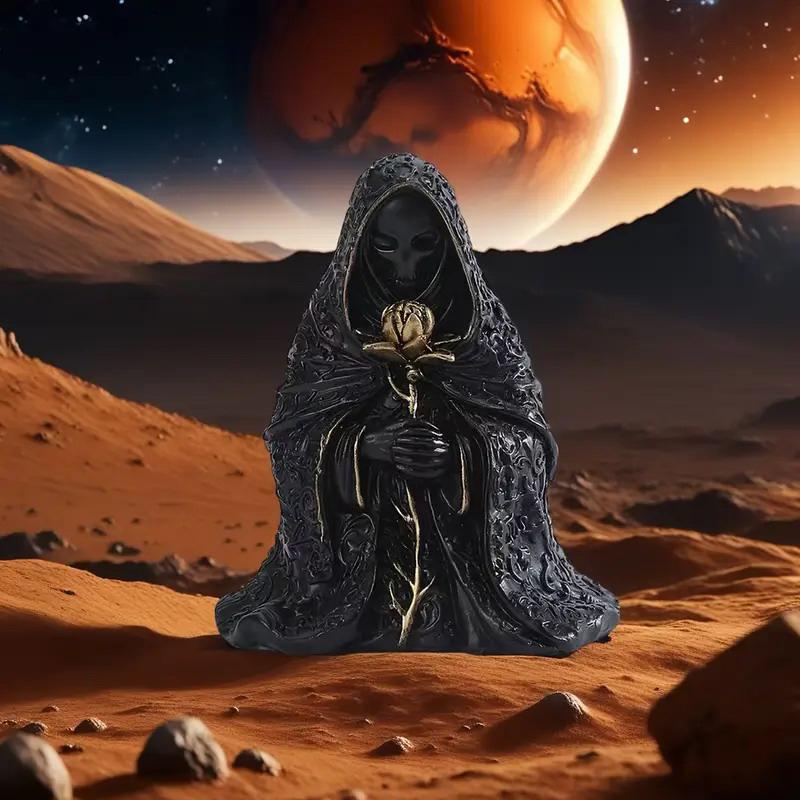 Gothic Black Robe Hooded Figure Resin Sculpture Mystical Wizard Statue Halloween Ornament Desk Decor For Home Or Office