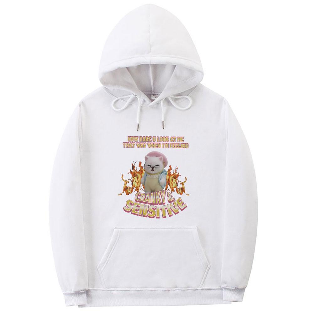 How Dare U Look At Me That Way When I'm Feeling Cranky Sensitive Kawaii Cat Funny Meme Hoodie Unisex Casual Cotton Pullover