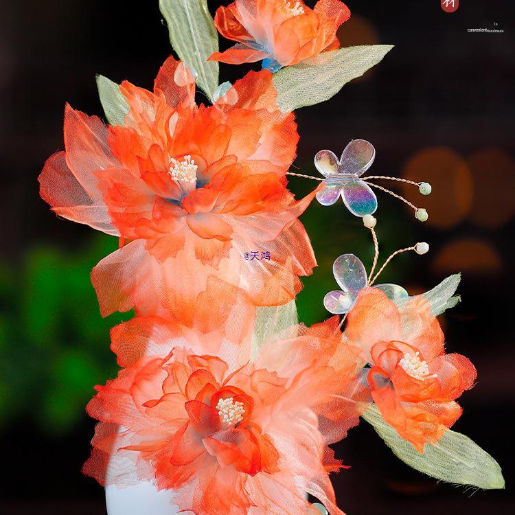 Hedvábné květinové sponky do vlasů - Oranžový motýlí ozdoba hlavy ve stylu staré dynastie Song