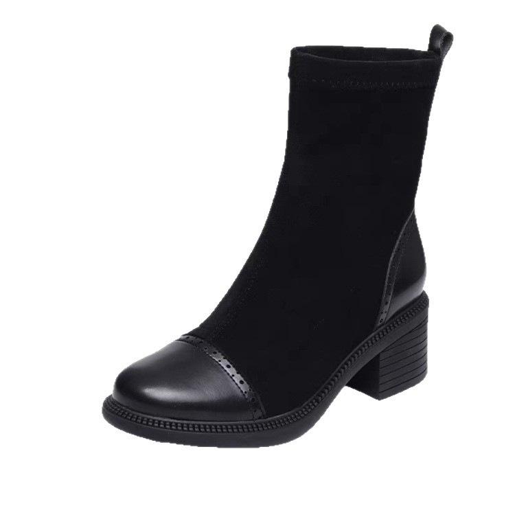 Elastische Stiefel Damen dünne Stiefel Britische Martin-Stiefel 2025 Herbst und Winter neue vielseitige matte dicke Ferse mittelhohe Ferse Damen Kurzstiefel