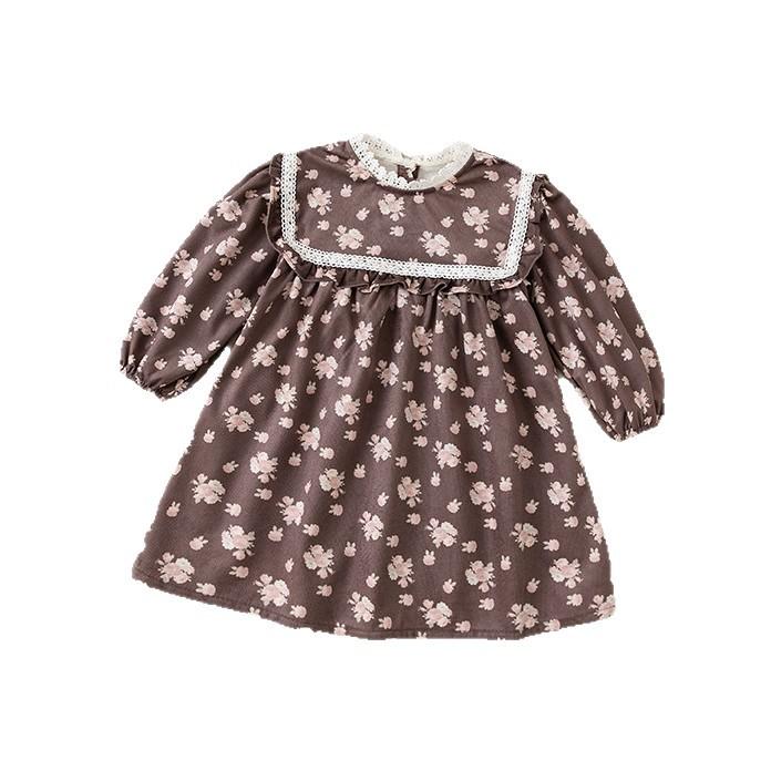 Girls Floral Long Sleeve Dress Sweet Princess With Lace Collar For Spring Autumn Toddler And Kids