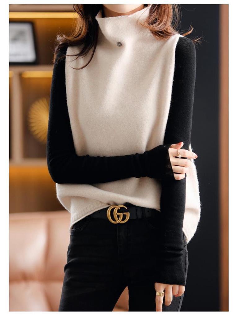 Women's Cashmere Sweater Vest: High Neck, Button-Up, Sleeveless, Loose Fit, Slimming, Wool Knit – Perfect for Autumn and Winter.