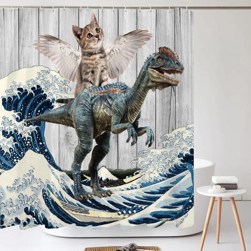Funny Cute Cartoon Bathing Cat Dog Shower Curtains Bathroom Bathtub Decoration Waterproof Bath Curtain Home Decor With Hooks