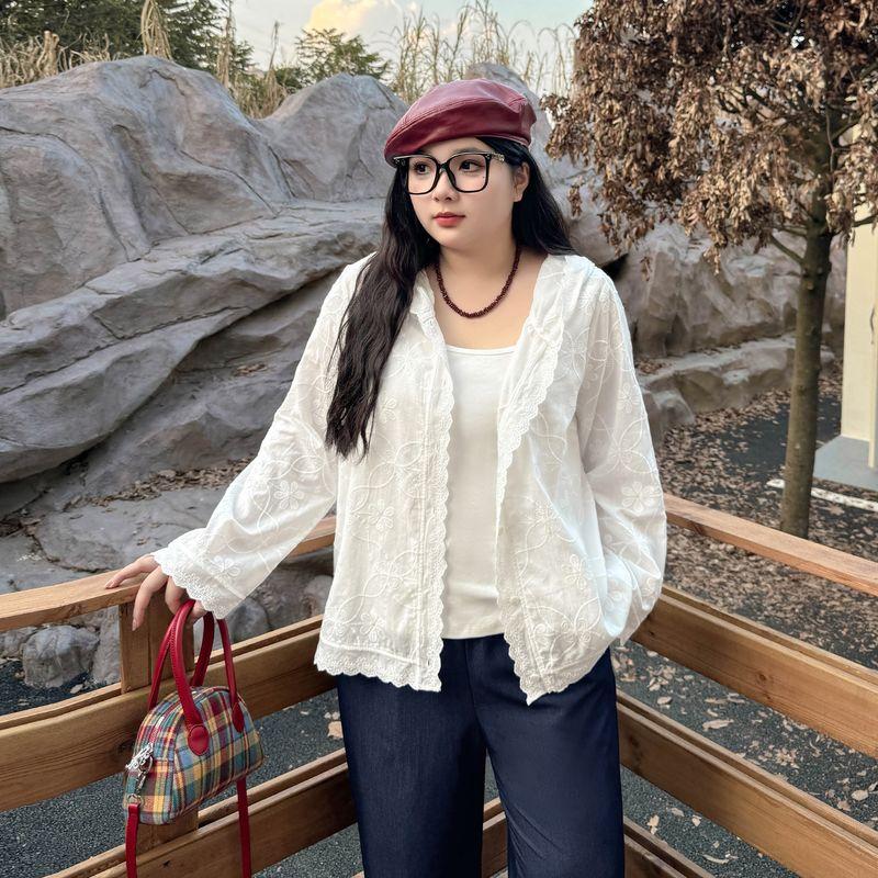 

Plus size women clothing [Korean Series Hood Shirts] Early Autumn New Crochet Casual All-matching Loose Long sleeve Cardigan Outerwear Cheese White-Shirt 4XL