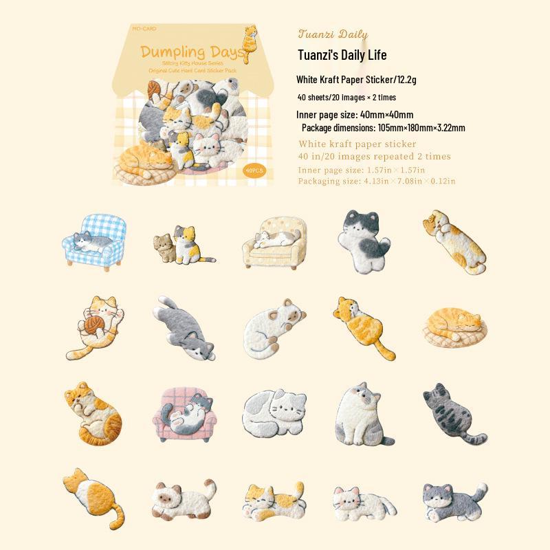 MòMòBái Kraft Paper Sticker Pack: Retro Cute Cat House Series (40 Sheets)