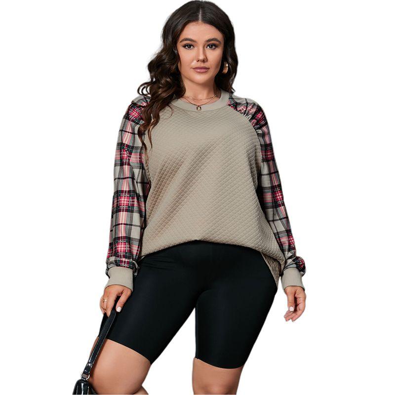 

Fashion Casual Plaid Patchwork Plus Size Sweatshirt Women 2024 Fall and Winter New Arrival Loose Slim Looking Contrast Color Long Sleeves Tops Women Apricot yellow 2 Size XL Fit (75.00 kg-82.50 kg