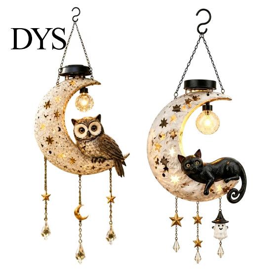 Waterproof Garden Decorative Lamps Solar Owl/Cat Moon Hanging Light, Outdoor Wind Chime with LED Yard Patio Porch Decor Resin Lamp, Auto On/Off