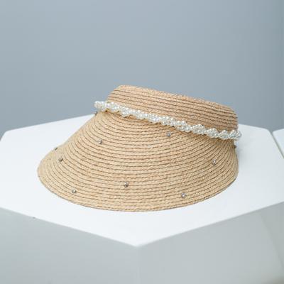 Sombrero de Paja con Cadena de Perlas y Pedrería Francesa para Mujer de Tejido Fino de Rafia con Parte Superior Abierta Gorra de Verano para Protección Solar