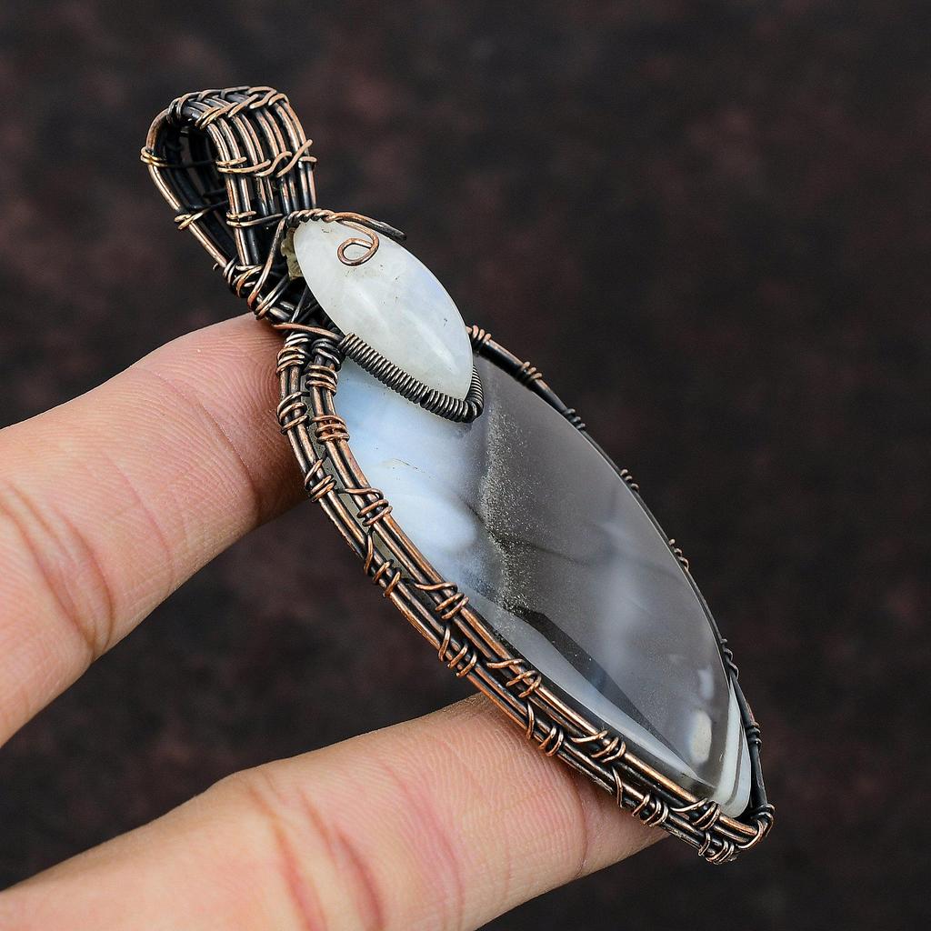 Owyhee Blue Opal Copper Wire Wrapped Pendant Handmade Gemstone Pendant Rainbow Moonstone Copper Jewelry Wrapping Stones Jewelry Gift For Her