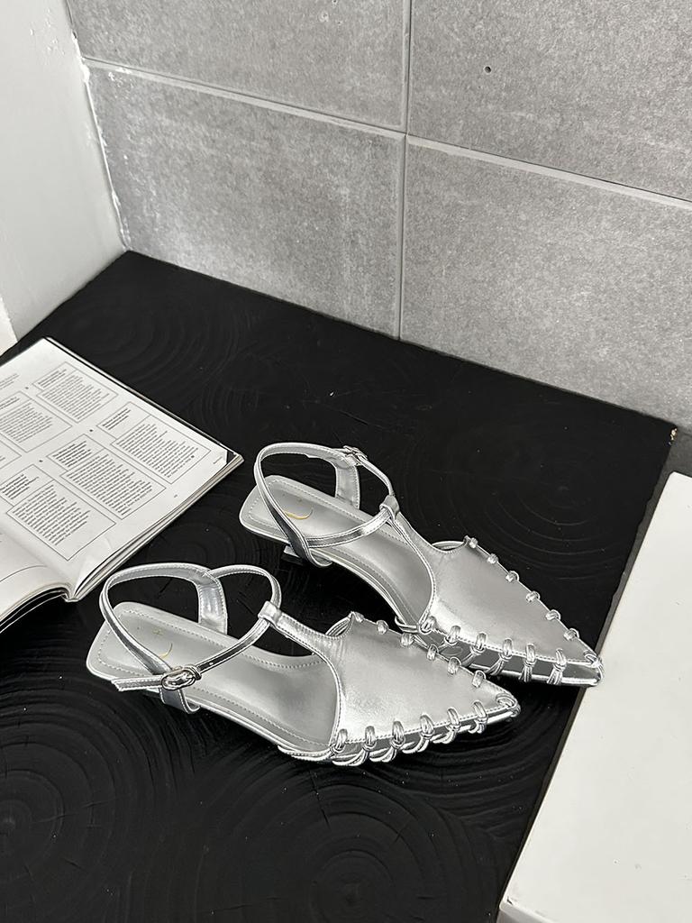 fashion Pointed Toe Women Sandals Black Silver Gold Summer Dress Shoes Thin Mid Heels Ankle Strap Party Pumps Casual Sexy Hollow Sandals