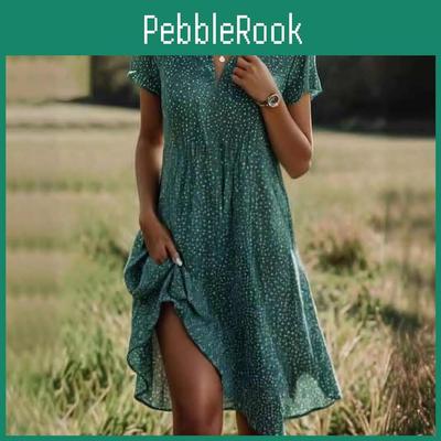 Womens Fashion Vezfaa Summer Spring Polka Dot Print Short Sleeve Polo Neck Loose Waistline Casual Dresses