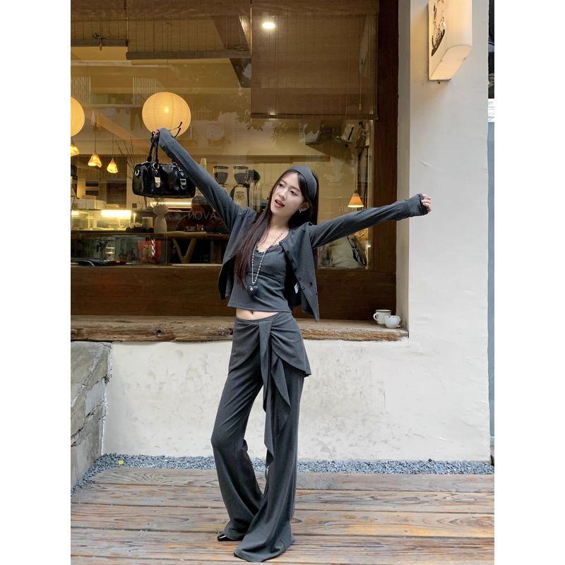 Kumikumi Fashion Suit Short Long Sleeves Cardigan Women's Bottoming Small Slip Top Autumn Lace-up Casual Pants Three-Piece Set