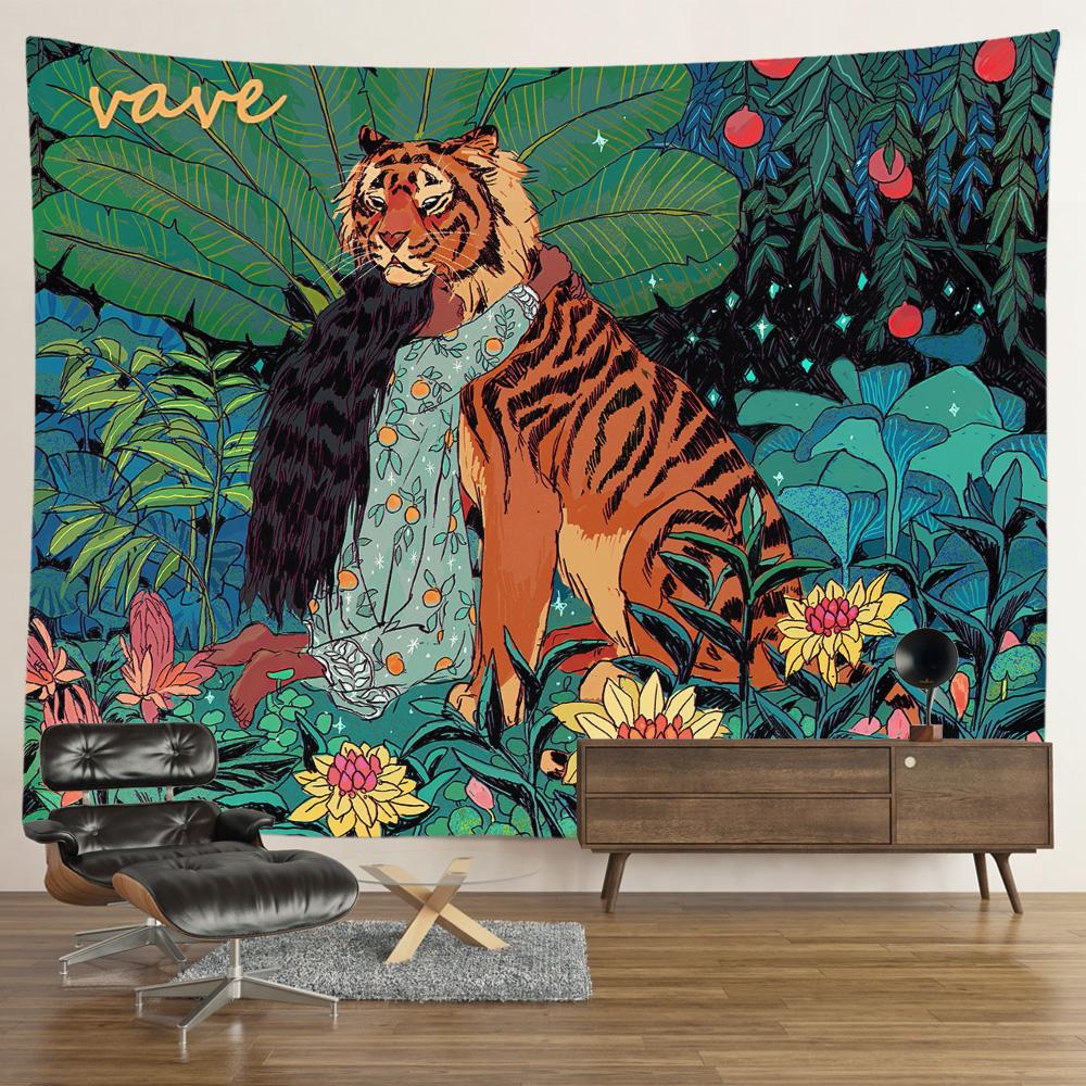 Hippie Psychedelischer Tiger Wandteppich, Wandbehang, Boho Zimmerdeko, Ästhetisch, Mysteriöse Blume, Dschungel Mondlandschaft, Wald