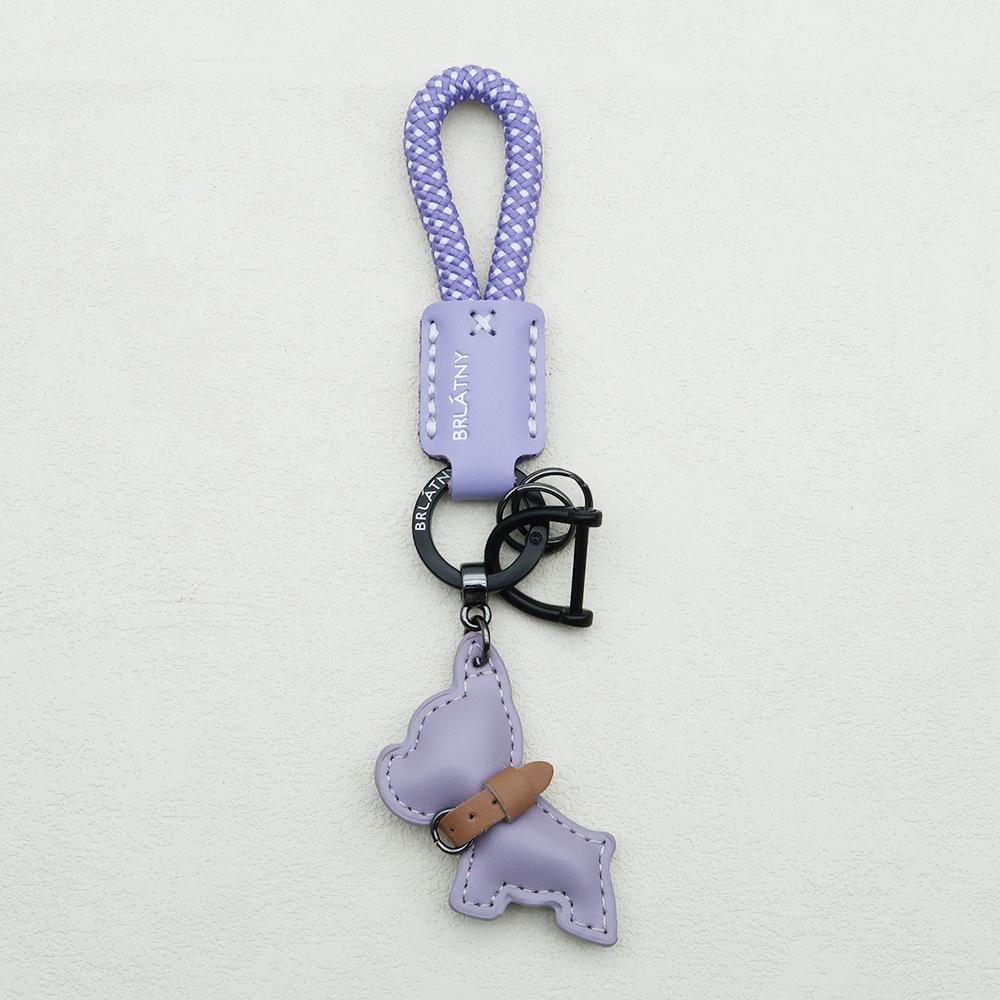 Handmade French Bulldog Genuine Leather Keychain with Anti-Lost Woven Rope Lanyard.