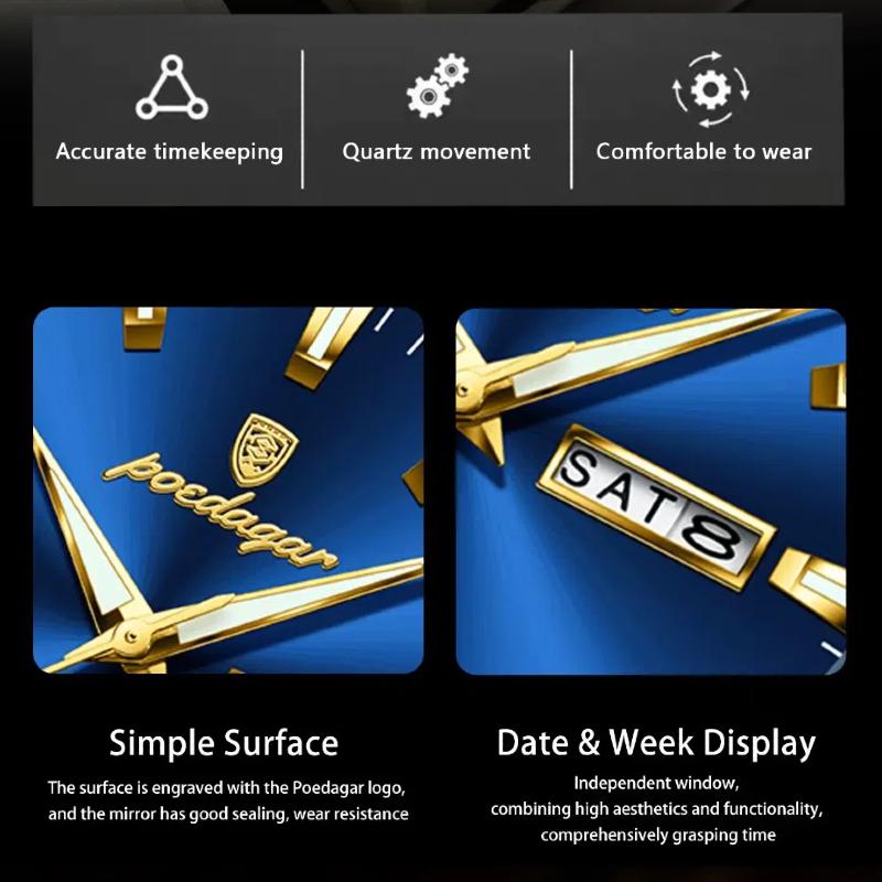 Dvojité kalendářové osmiboké hodinky z nerezové oceli Pánské luxusní vodotěsné svítící obchodní křemenné hodinky vhodné pro každodenní podnikání