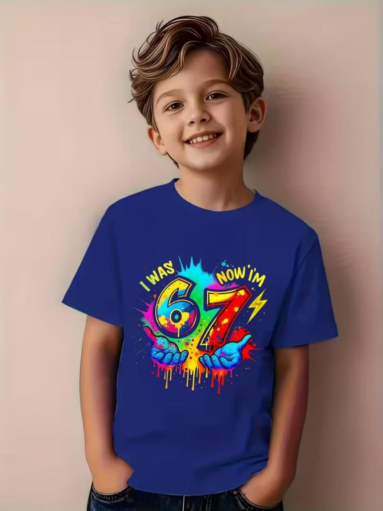 Funny Six Seven 67 Meme T-Shirt for Kids 7 Years Old Birthday Party Gifts Summer Short Sleeve Tees Crew Neck Children's Clothing