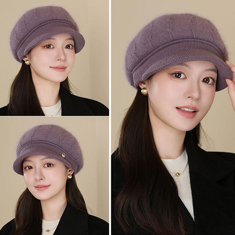 Middle-Aged and Elderly Thick Rabbit Fur Duck Tongue Beret Outdoor Windproof Mother Warm Knitted Cap