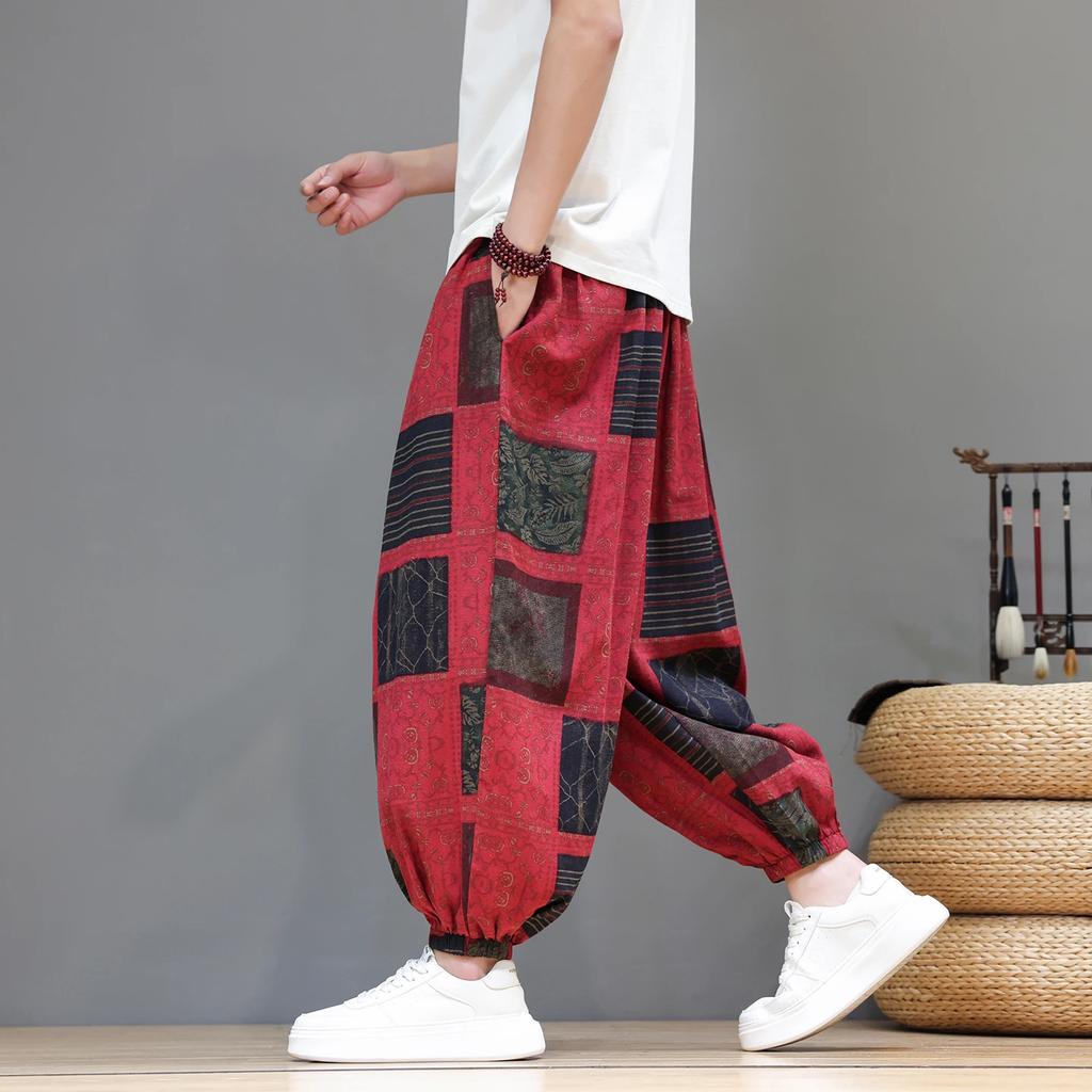 Pantaloni Stampati Stile Etnico Estivi Sottili Coulisse Pantaloni a Lanterna Cinesi Taglie Forti Gamba Larga Pantaloni Harem Bassi Casual Larghi