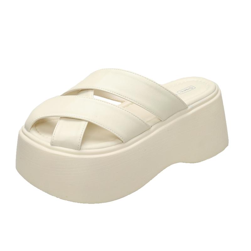 Fashion 8CM Women Leather Sandals New Ladies Shoes Woman Pumps Women Cross-strap Slides Platform Shoes Heels Slip On Round Toe Slippers