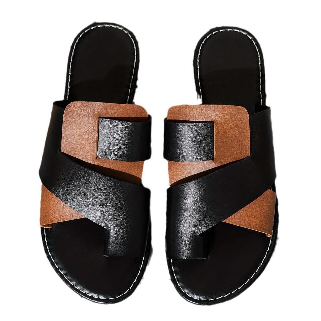 Casual Flat Top Plus Size Slippers for Women, New Color Blocked Toe Set, Comfortable One-piece Black and White Fish Mouth Shoes
