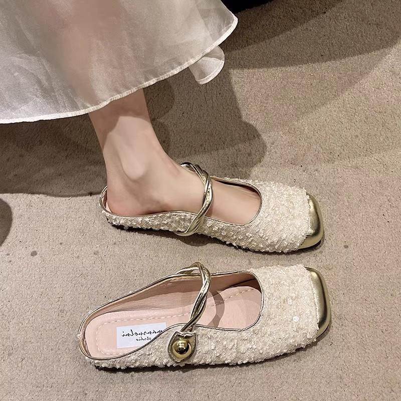 Flat heel bag head Mary Jane cool slippers women's 2025 new sequined Buling temperament sandals with skirt half slippers