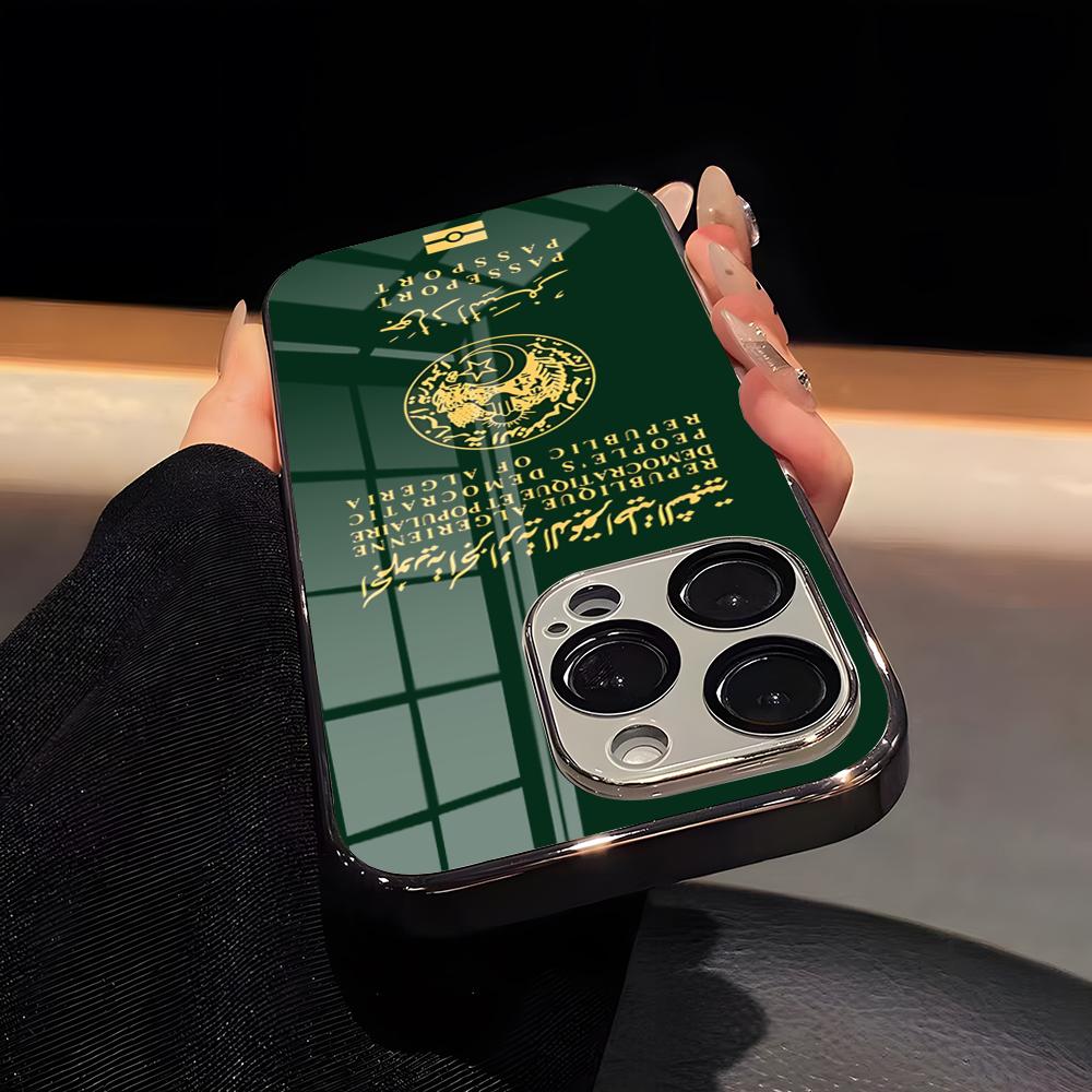 Algeria Passport Phone Case Luxury Glass Phone Case For IPhone 17 16 15 14 13 12 11 Pro Max Plating Frame Cover