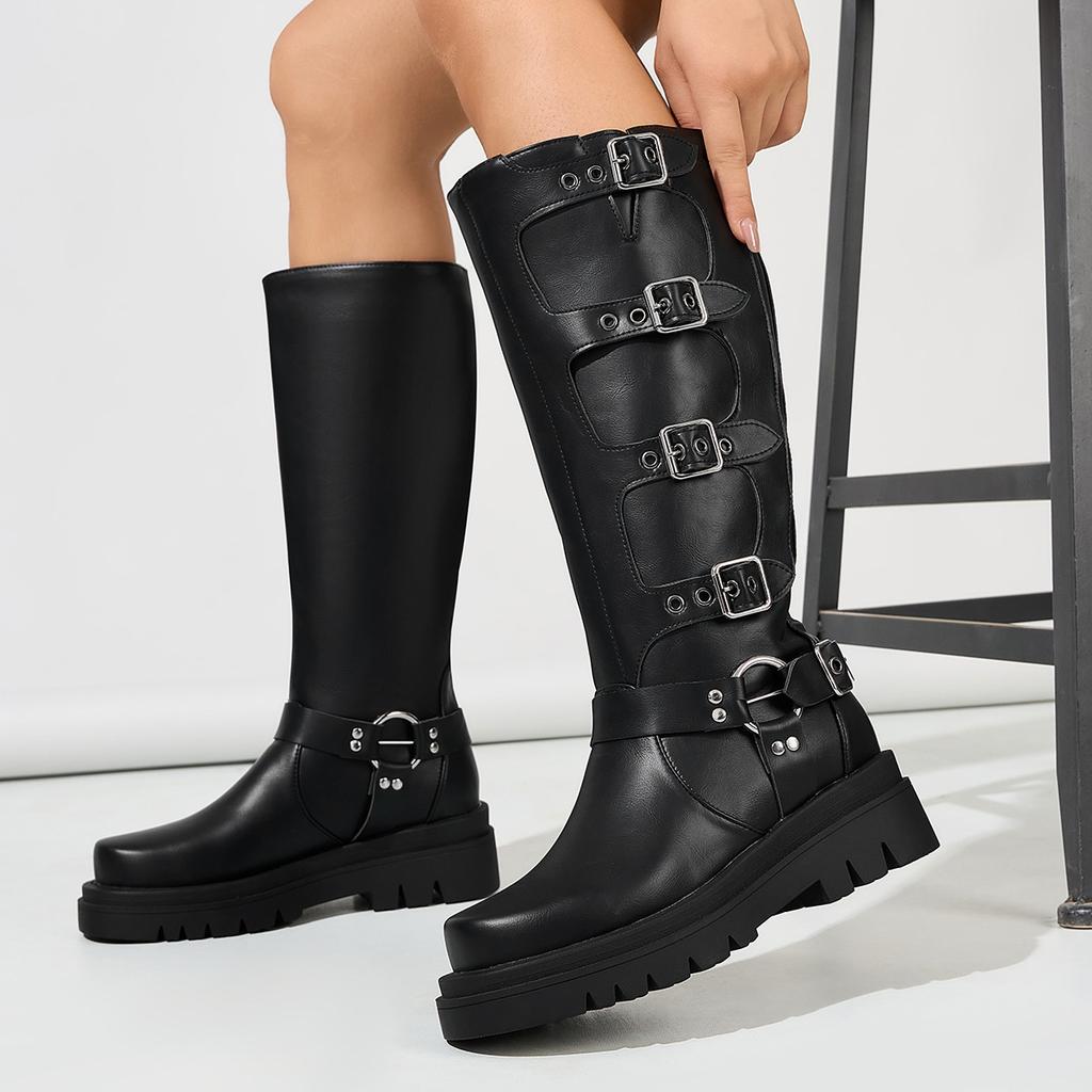 Autumn and Winter Outer Order Casual Low-heeled Knight Boots Large Size Belt Buckle High Knight Boots