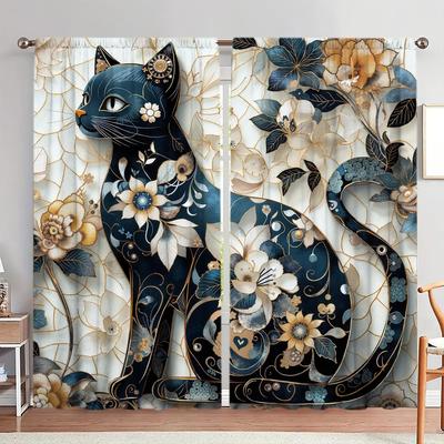 Set Of 2 Elegant Printed Cat Curtains Shade Privacy Protection Suitable Decorating Various Rooms Curtain Made Polyester