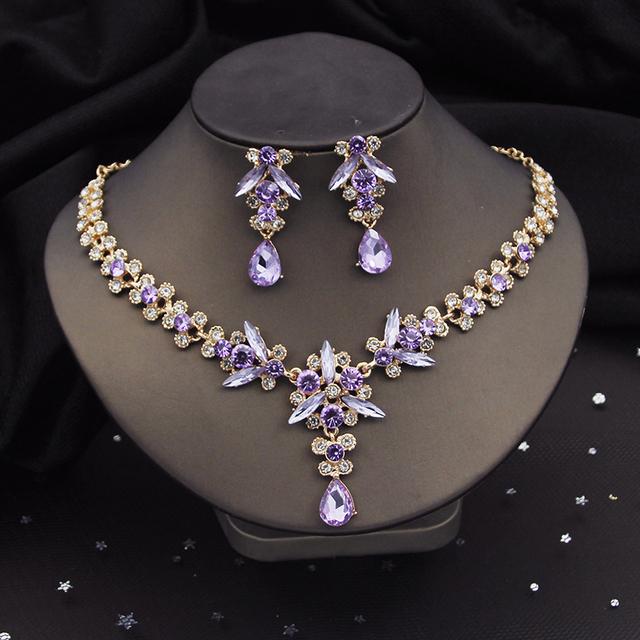 

Великолепные роскошные комплекты свадебных украшений с фиалками и кристаллами для женщин, диадемы, ожерелье невесты, серьги, свадебный комплект с короной, аксессуары