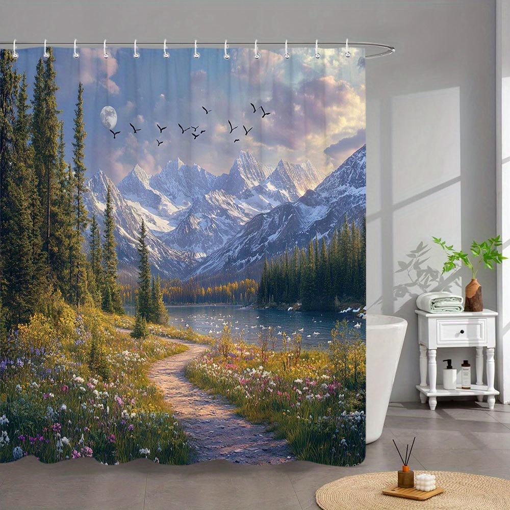 1pc Extra Large Bath Curtain - Mountain Sunset Path Wildflower Trail Moonlit Lake Snowy Peaks Evergreen Forest Design - High-Qua 90x180cm