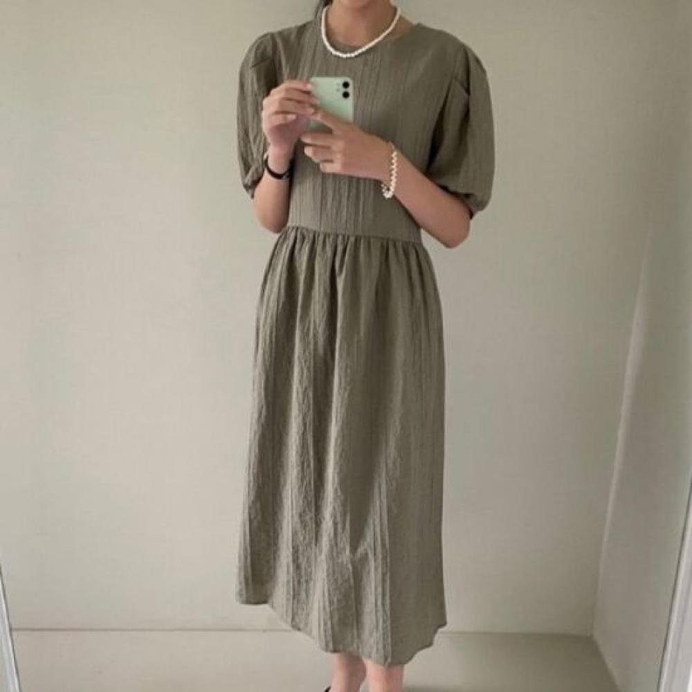 Mizqz Loose Fit Wrinkle Puff Shirring Long Dress With Back Button 3color